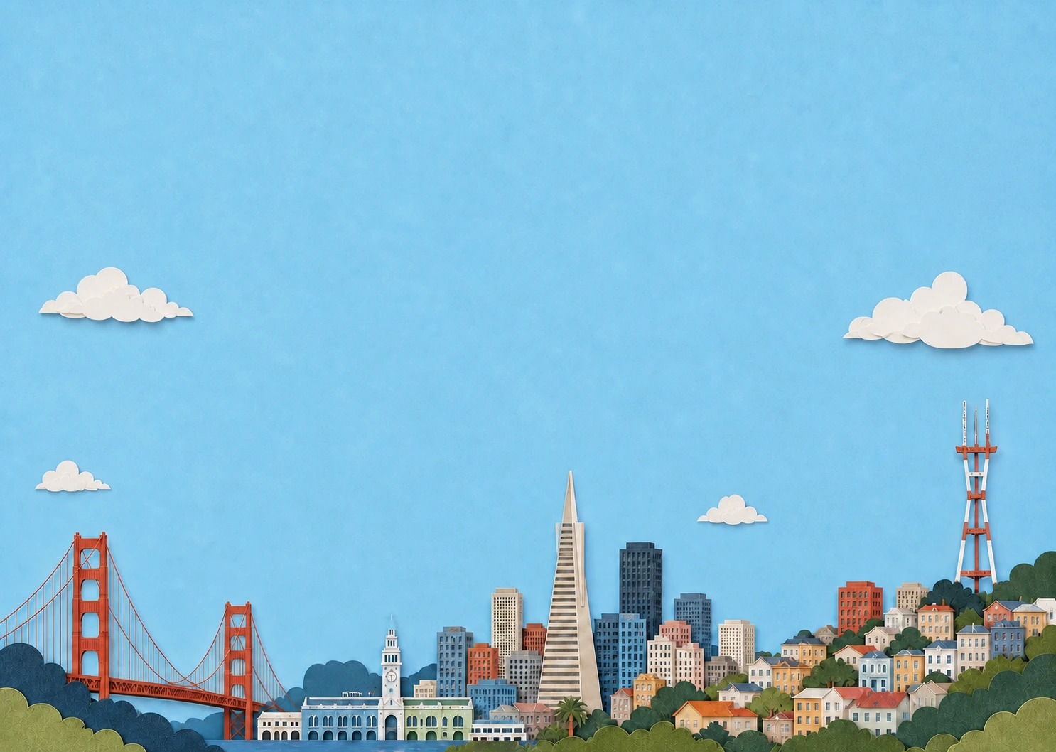 A colorful paper-cut illustration of the San Francisco skyline beneath a bright blue sky.
